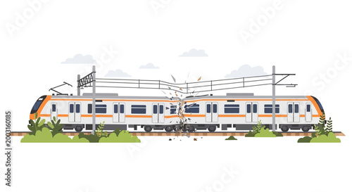 Modern commuter electric train traveling on tracks illustration. EPS Editable. Vector Illustrations.
