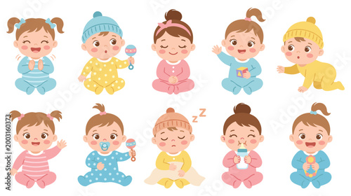 Cute babies sitting and playing happy children in various outfits and expressions.