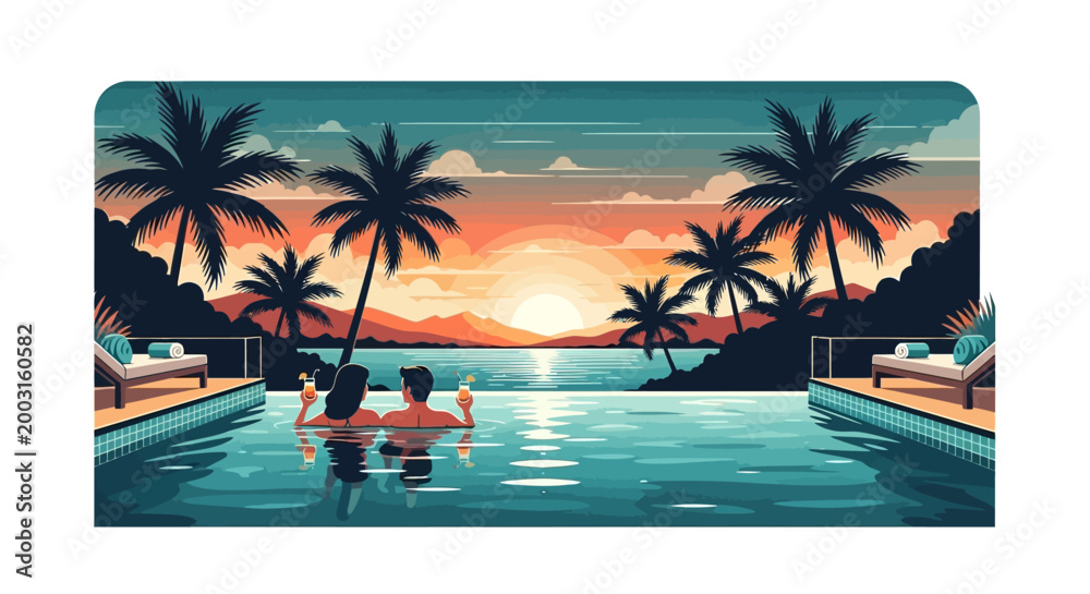 Obraz premium Romantic Couple Relaxing in Infinity Pool at Tropical Sunset Vector Illustration