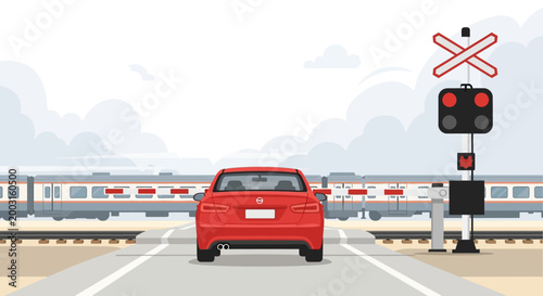 Red sedan car waiting at a railroad crossing signal. EPS Editable. Vector Illustrations.