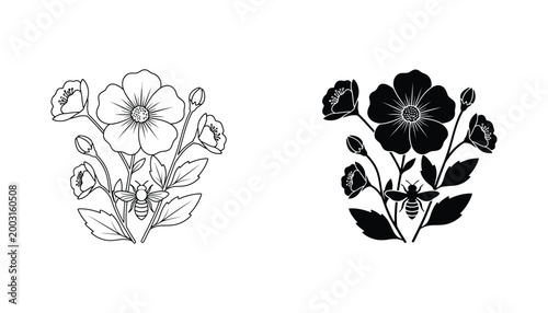 Floral bouquet with honey bee vector illustration featuring delicate outline and solid black graphic styles for nature themed designs and organic branding elements isolated on white