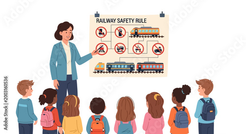 Teacher explaining railway safety rules to a group of diverse elementary school students in classroom. EPS Editable. Vector Illustrations.
