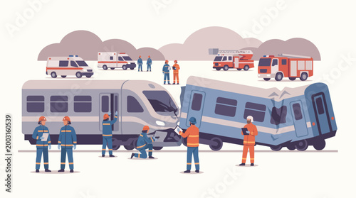 Train Accident Emergency Response Scene with Rescue Workers. EPS Editable. Vector Illustrations.