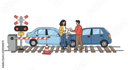 Two people exchanging insurance information after a car accident at a railway crossing. EPS Editable. Vector Illustrations.