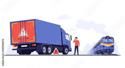 Truck broken down on railway tracks with driver calling for emergency help. EPS Editable. Vector Illustrations.