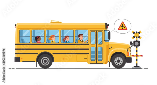 Yellow school bus stopped at a railway crossing with students inside. EPS Editable. Vector Illustrations.