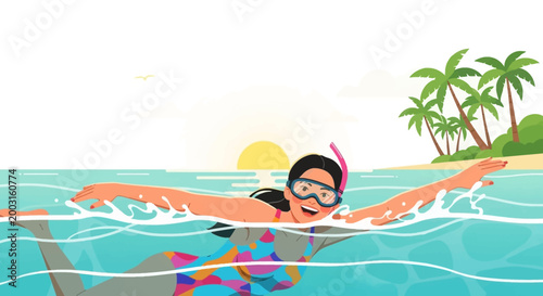Woman Swimming and Snorkeling in Tropical Ocean Summer Vacation Vector Illustration