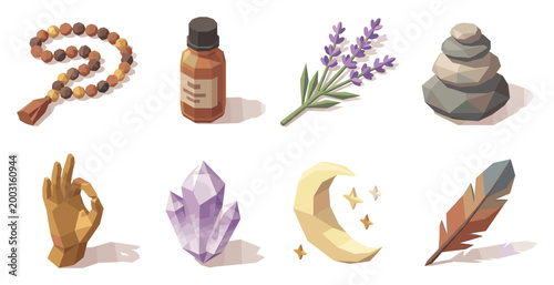 Collection of spiritual and wellness objects in a low-poly isometric style