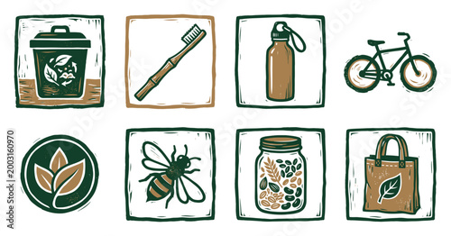 Eco-friendly lifestyle icons for sustainable living and environmental awareness