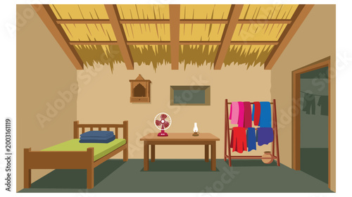 Traditional village house interior with wooden furniture thatched roof and household items.