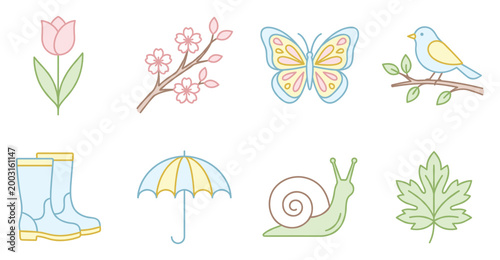 Spring icons collection with tulip, butterfly, bird, and snail