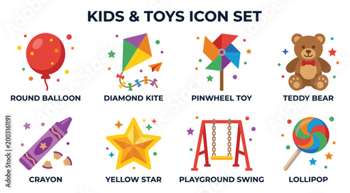 Collection of colorful children's toys and icons for playtime and fun