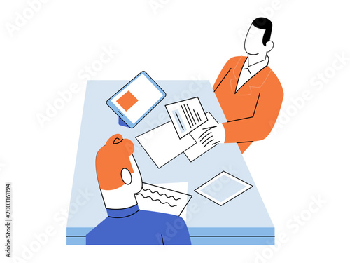 Two men discussing papers at a desk vector illustration. Job interview, recruitment, human resources, career growth, employment, business meeting. Recruiter reviewing documents with a candidate