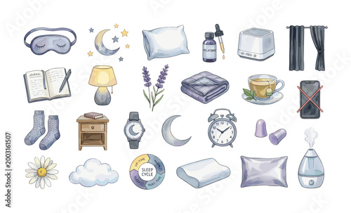 Collection of sleep aids and bedtime routine items for restful nights