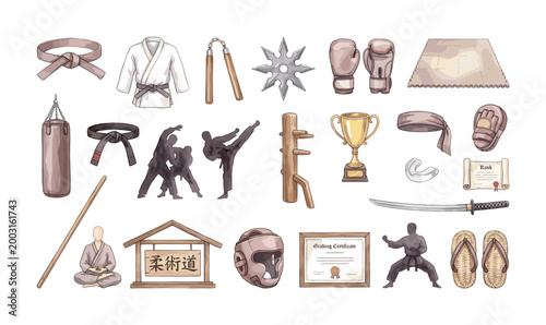 Collection of martial arts equipment and symbols for combat sports training