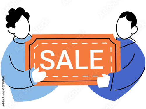 Two people holding a large orange sale banner vector illustraton. Retail commerce discount offers loyalty promotions marketing growth Pair of male characters gripping a price reduction ticket