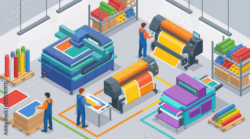 Slika na platnu An engaging illustration of a modern print shop showcasing workers operating colorful printing machines, highlighting the vibrant and innovative nature of the printing industry