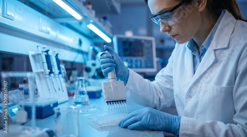 Scientist working with multi-channel pipette in a laboratory