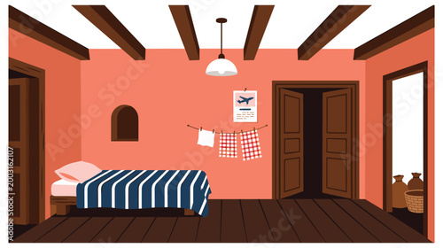 Interior design of bedroom with single bed wooden furniture wooden ceiling beams lighting.