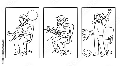 Character Working with Tablet and Desk Madness in Cute Line Art
