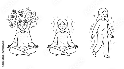 Character Meditating for Peace in Cute Line Art Sequence