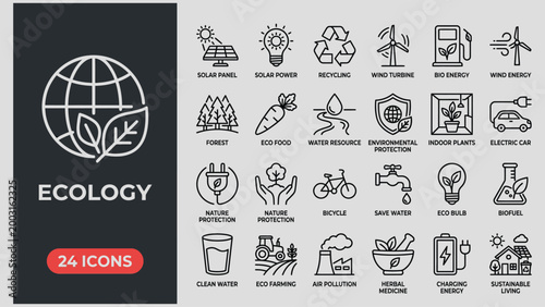 Ecology line icon set. Recycle, solar power, eco, nature, eco farming, green, environment, bio energy, clear water - stock graphic.