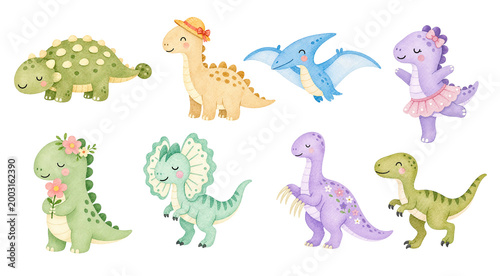 Adorable Dinosaur Clipart with Accessories – Watercolor Pastel Kids Set