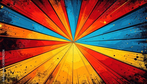 Vibrant and dynamic retro comic-style sunburst background with an explosion of colorful radial rays, creating an energetic and abstract visual for various design projects