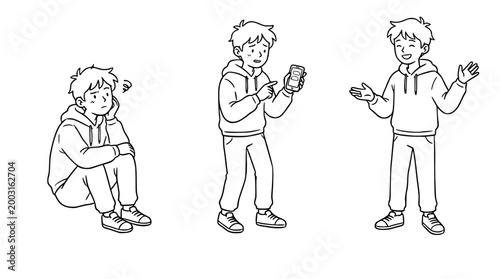 Cute boy character illustrating a variety of emotions and actions.