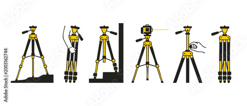 Camera Tripod Usage Guide Illustration, Professional Photography Equipment Set, Showing Adjustment and Stabilization Techniques for Photographers, Flat Vector Icon Design for Technical Instruction Man