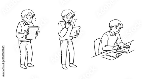 Expressive character feeling anxious while reviewing important notes.