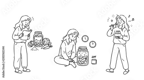 Kawaii character preparing and enjoying healthy meal preparation fun