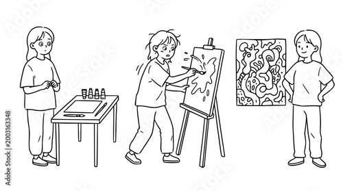 A cute character painting on an easel in a simple line art style.