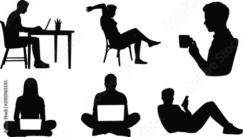 Black Silhouette People Relaxing and Using Digital Devices Depicting Modern Lifestyle, Remote Work, and Leisure Activities Indoors