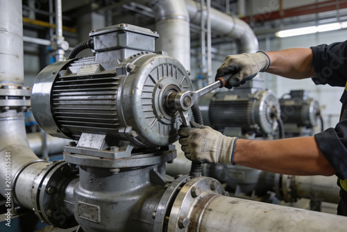 Fotografie Industrial worker using a wrench to repair a large electric motor in a factory s
