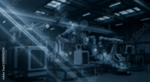 Futuristic Industrial Factory Background With Robotic Arms, Perfect for Advertising and Hero Banners With Copy Space and Blur Effects