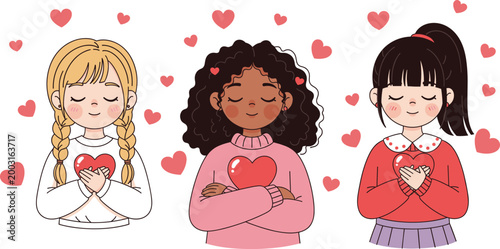 Cartoon characters holding hearts symbolizing love kindness and self care surrounded by decorative pink heart elements illustration