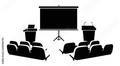 Black silhouette of a lecture hall with projector podium and seating arrangement