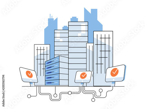 Schilderij op canvas Urban smart city with server racks and screens vector illustration