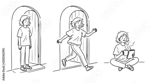 Charming illustrated character stepping out with happiness.