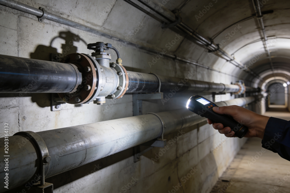 Fototapeta premium Hand holding flashlight inspecting large industrial pipes in a dark concrete tunnel
