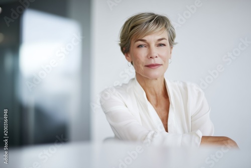 Confident mature business woman executive sitting in office looking at camera, professional female manager entrepreneur portrait for corporate website and leadership branding