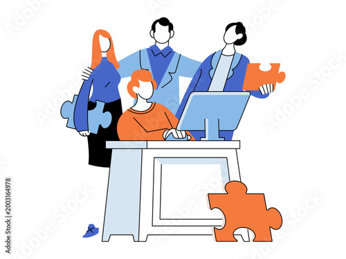 Team of office workers collaborating with puzzle pieces and computer vector illustration. Teamwork, business strategy, problem solving, partnership, management, solution. Colleagues cooperating at