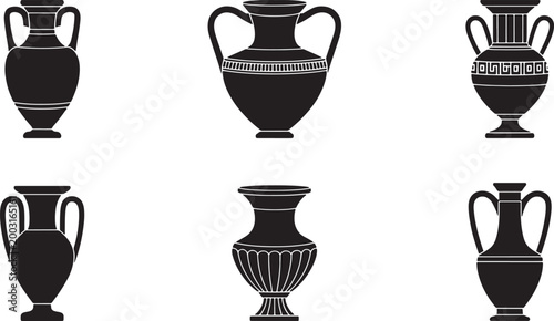 Ancient Greek amphora vases, ancient pottery black silhouette collection. Vector illustration