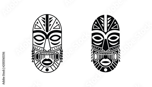 Tribal african mask pattern icon set with geometric details in outline and solid black silhouette for cultural or artistic design projects