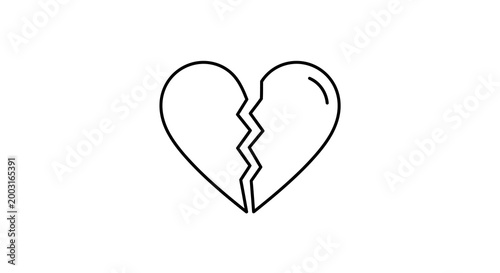 Simple line art illustration of a broken heart, symbolizing love lost, emotional pain, relationship breakups, and feelings of sadness or disappointment