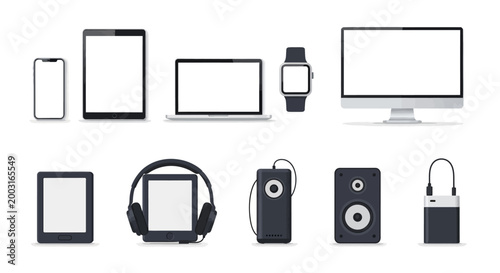 Collection of modern electronic devices and gadgets including smartphones, tablets, laptops, smartwatches, and audio equipment