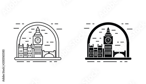 Iconic London Big Ben clock tower and city skyline landmark vector illustration set for travel design