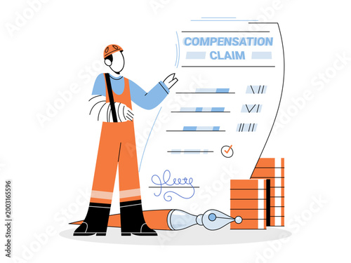 Injured builder with a broken arm near a claim document vector illustration. Workplace safety, insurance, legal rights, medical benefits, employee care, finance. Handyman with cast near paper