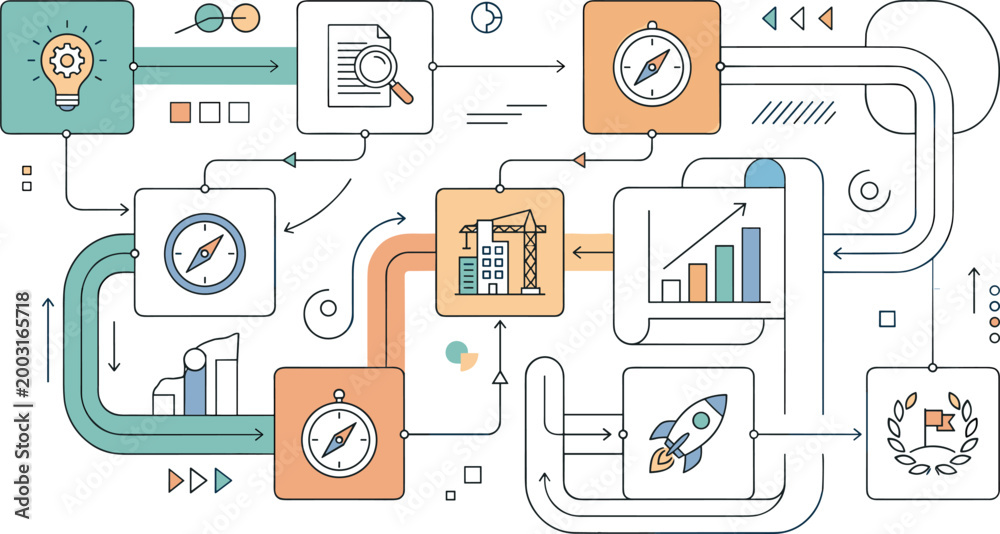Fototapeta premium Business Process Workflow Illustration with Planning Analytics Reporting Development Launch and Strategy Integration Icons for Web Application UI Design